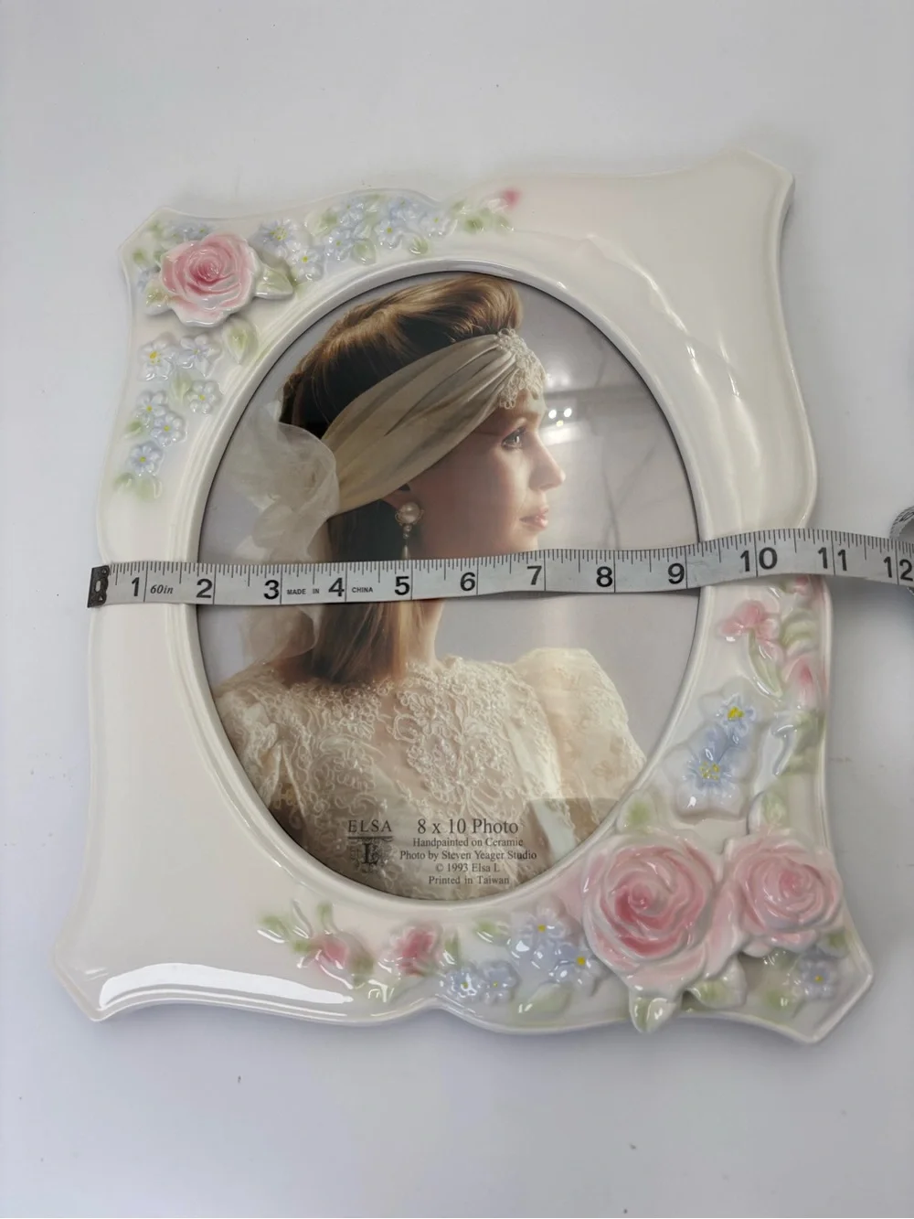 Gorgeous Vintage ELSA White Ceramic Picture Frame with Pink Rose Accents - 8x10